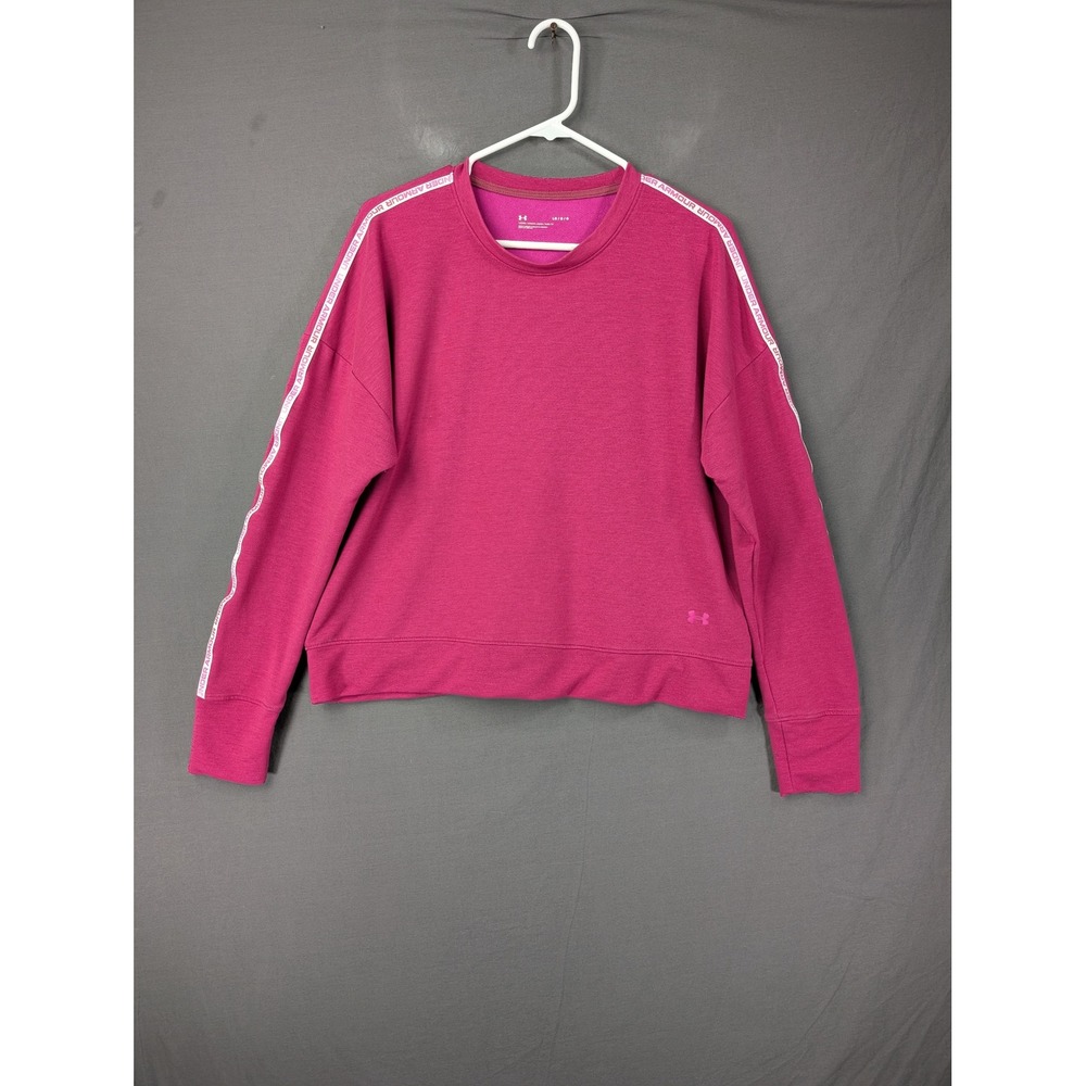 Under Armour Womens Pink Logo‎ Taped Sleeve Crewneck Fleece Sweatshirt LG
